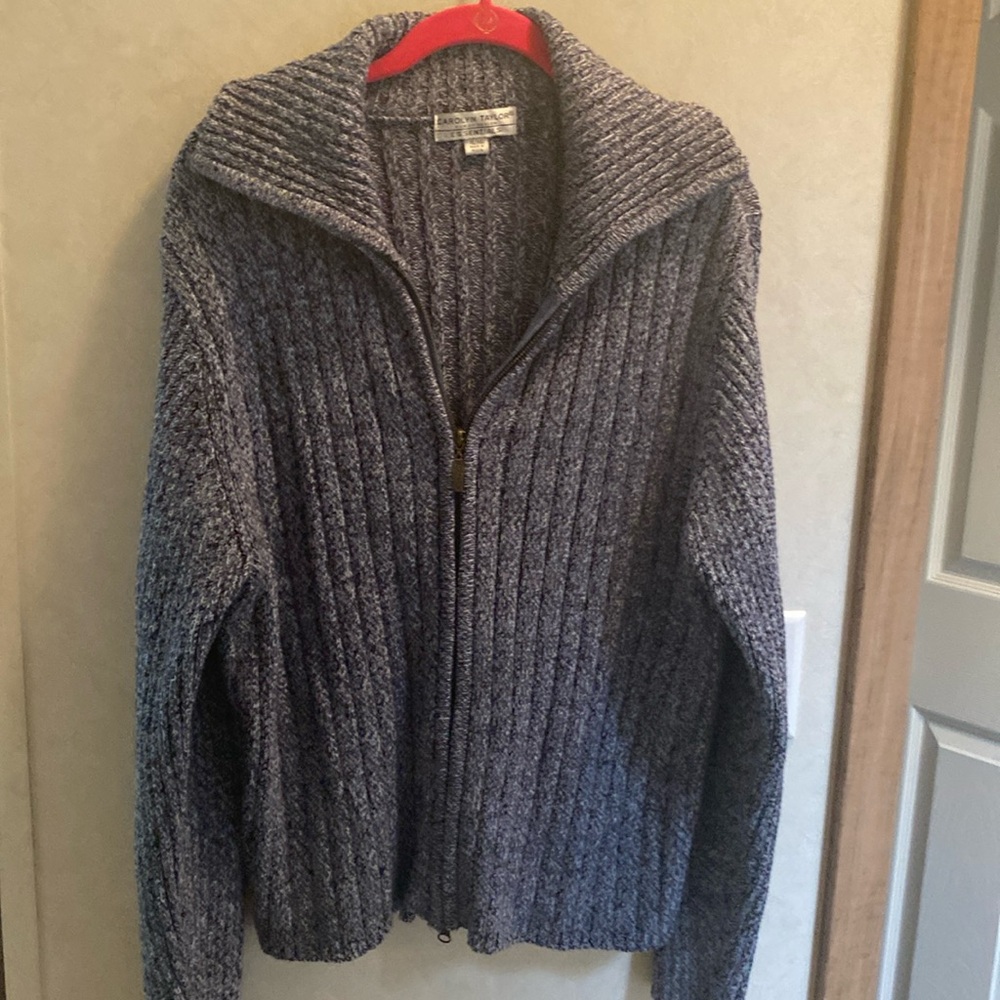 Navy/light blue zip up front sweater with collar by Caroline Taylor